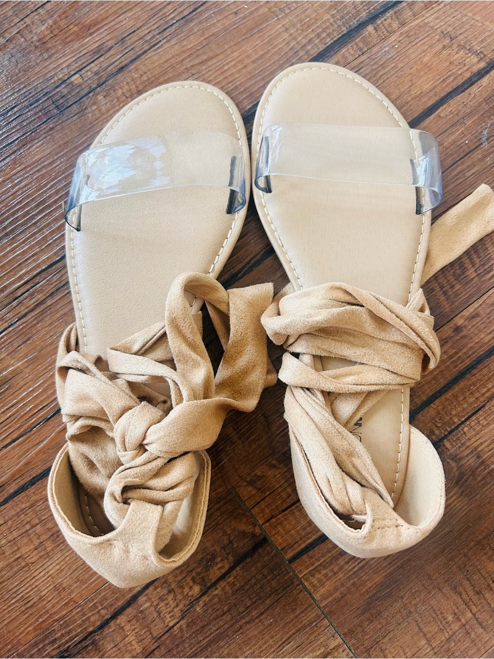 Fashion Nova Tan Wrap Sandals with Clear Toe Strap